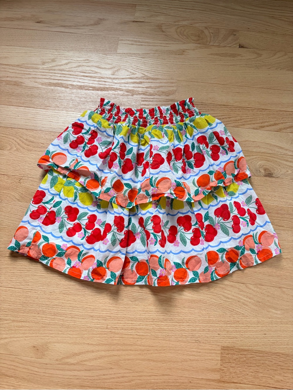 Mini Boden Fruit Print Ruffle Skirt Girls Size 9-10Y Cherry Lemon Peach